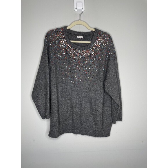 Westport Sweater Womens 3X Gray Sequin Knit Pullover Party Holiday Festive - Picture 1 of 9